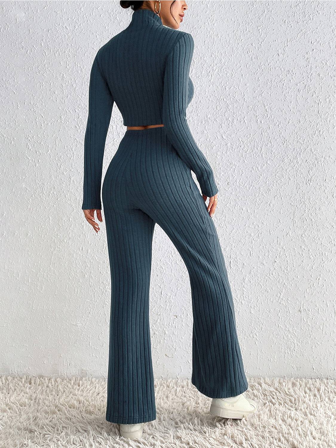 Honey Ribbed Mock Neck Cropped Sweater & High Waist Pants Set