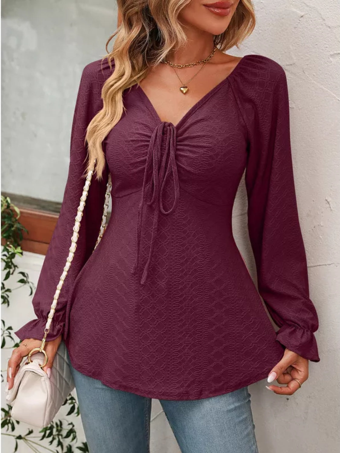 Full Size Drawstring Ruffled V-Neck Long Sleeve Blouse