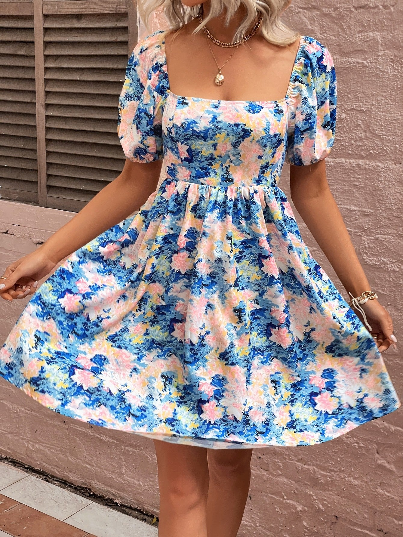 Honey Floral Square Neck Puff Sleeve Dress