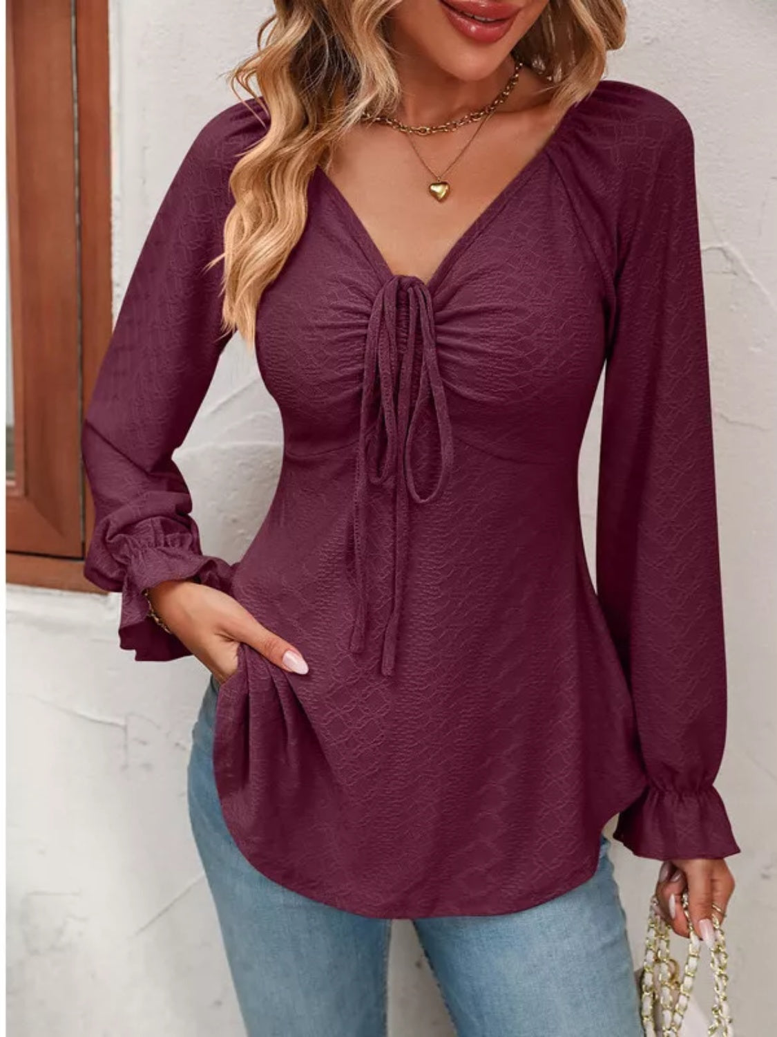 Full Size Drawstring Ruffled V-Neck Long Sleeve Blouse