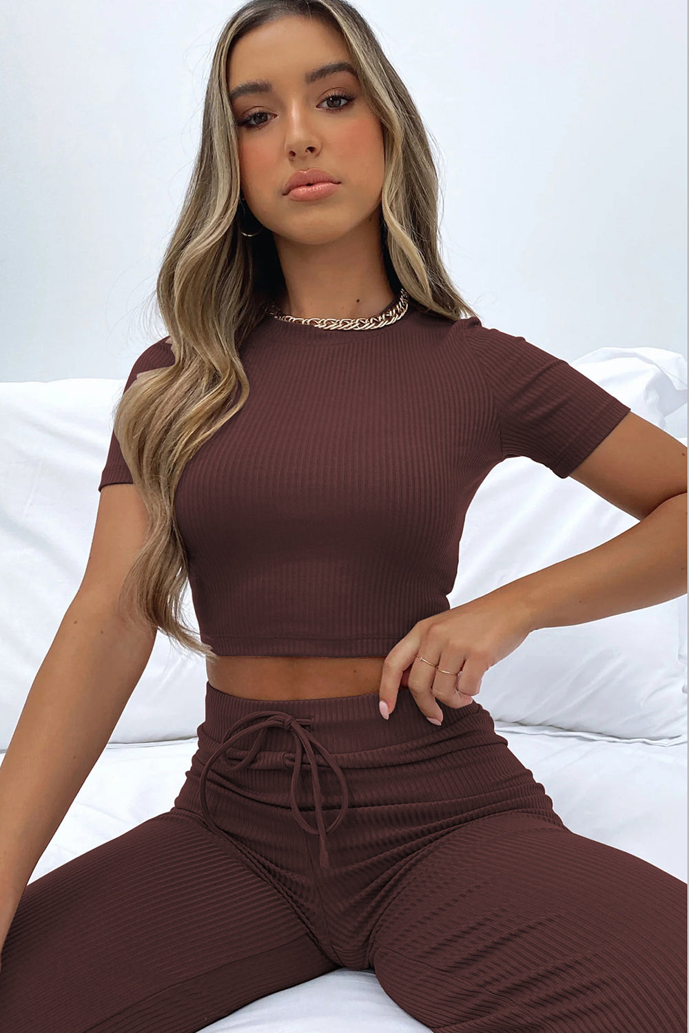 Round Neck Short Sleeve Top and Pants Set