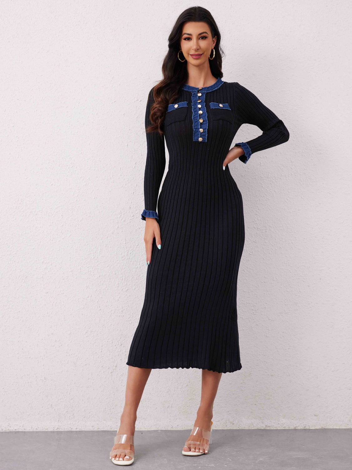 Contrast Trim Round Neck Long Sleeve Sweater Dress